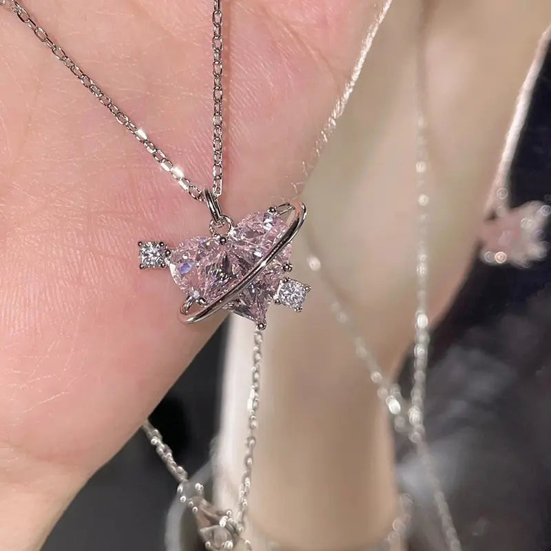 New Fashion Trendy Y2k Crystal Pink Zircon Heart Pendant Necklace