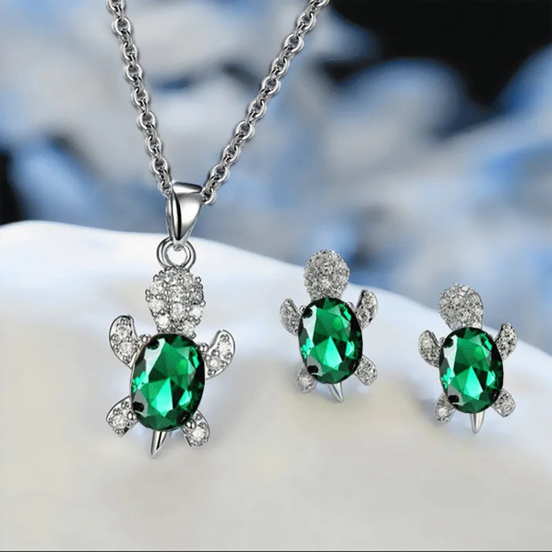 3pcs Luxury Fashion Turtle Silver Necklace Earrings Set Multi Color Glass Diamond