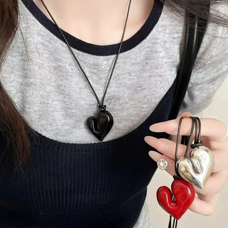 Asymmetrical Acrylic Heart Pendant Necklaces Love Leather Rope Neck Chain Silver, Red, Black