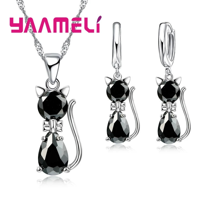 Real 925 Sterling Silver Jewelry Sets Shining Austrian Crystal Cute Cat Pendant Necklace Huggie Earring