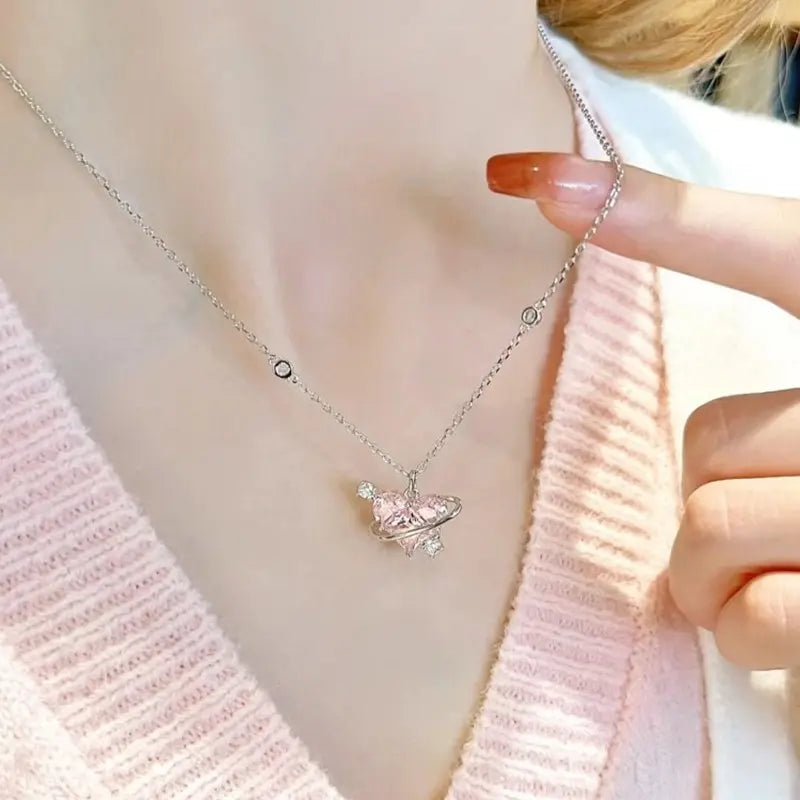 New Fashion Trendy Y2k Crystal Pink Zircon Heart Pendant Necklace