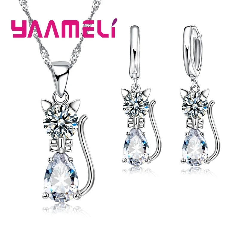 Real 925 Sterling Silver Jewelry Sets Shining Austrian Crystal Cute Cat Pendant Necklace Huggie Earring