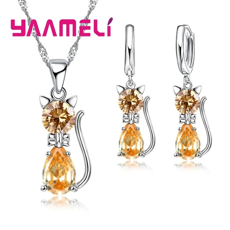 Real 925 Sterling Silver Jewelry Sets Shining Austrian Crystal Cute Cat Pendant Necklace Huggie Earring