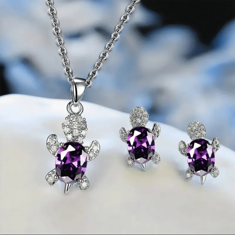 3pcs Luxury Fashion Turtle Silver Necklace Earrings Set Multi Color Glass Diamond