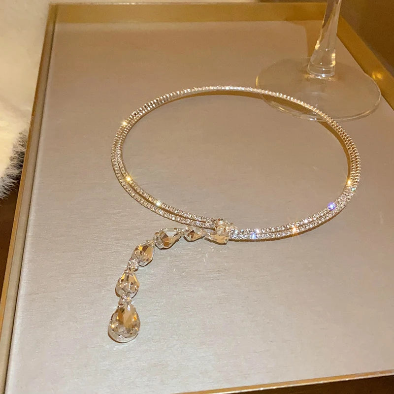 Zircon Double Layered Water Drop Heart Silver Pearl Cross Wave Open Collarbone Fine Pendant Necklaces    2 Exquisite Designs