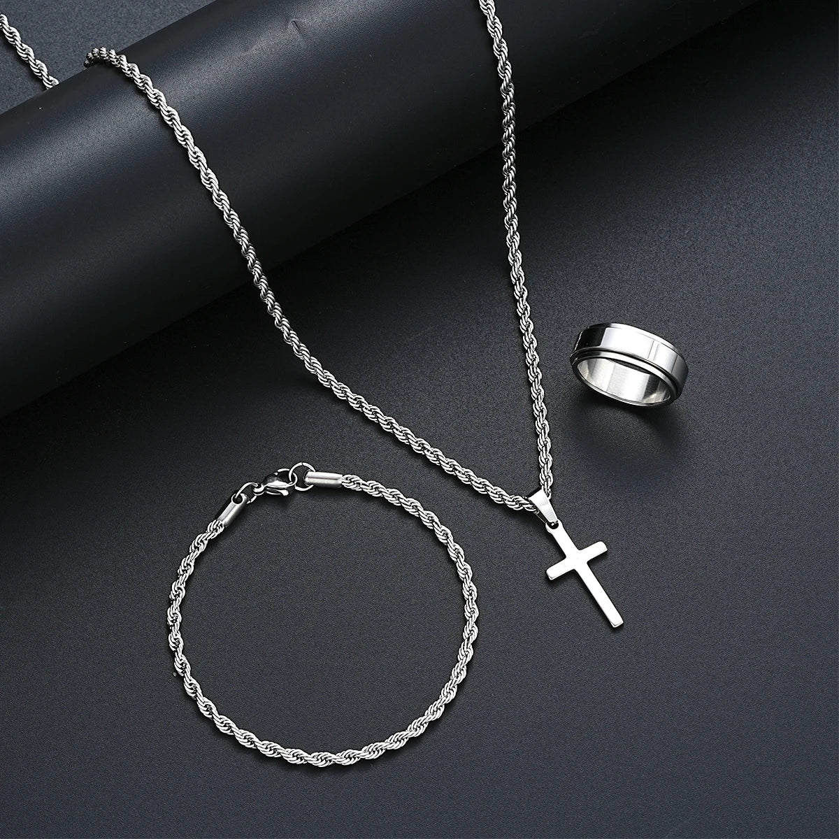 Silver Cross Pendant Twisted Rope Necklace Bracelets Ring Jewelry Set