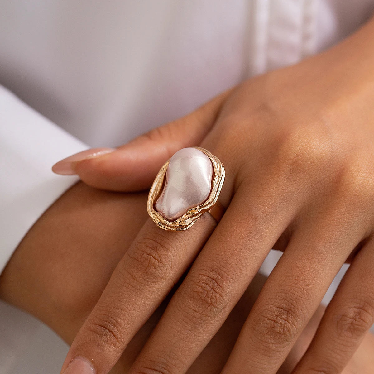 Lacteo Punk Semi Baroque Pearl Alloy Open Adjustable Rings