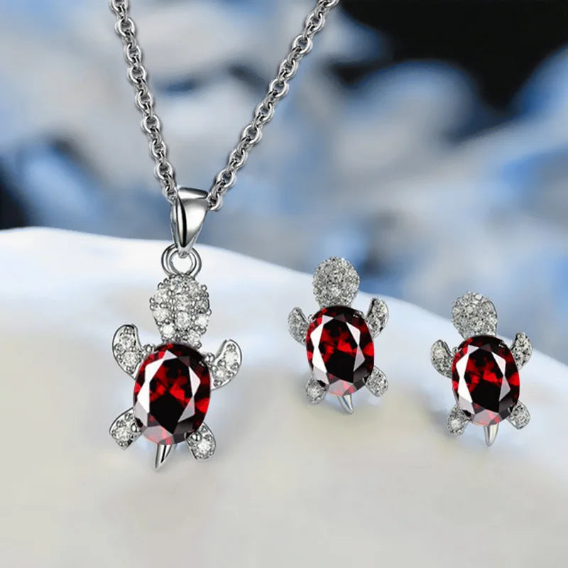 3pcs Luxury Fashion Turtle Silver Necklace Earrings Set Multi Color Glass Diamond