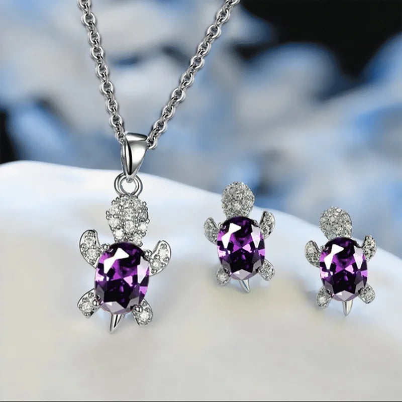 3pcs Luxury Fashion Turtle Silver Necklace Earrings Set Multi Color Glass Diamond