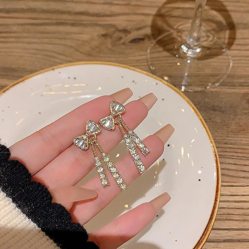 Bowknot Dangle Stud Shiny Rhinestone Earrings