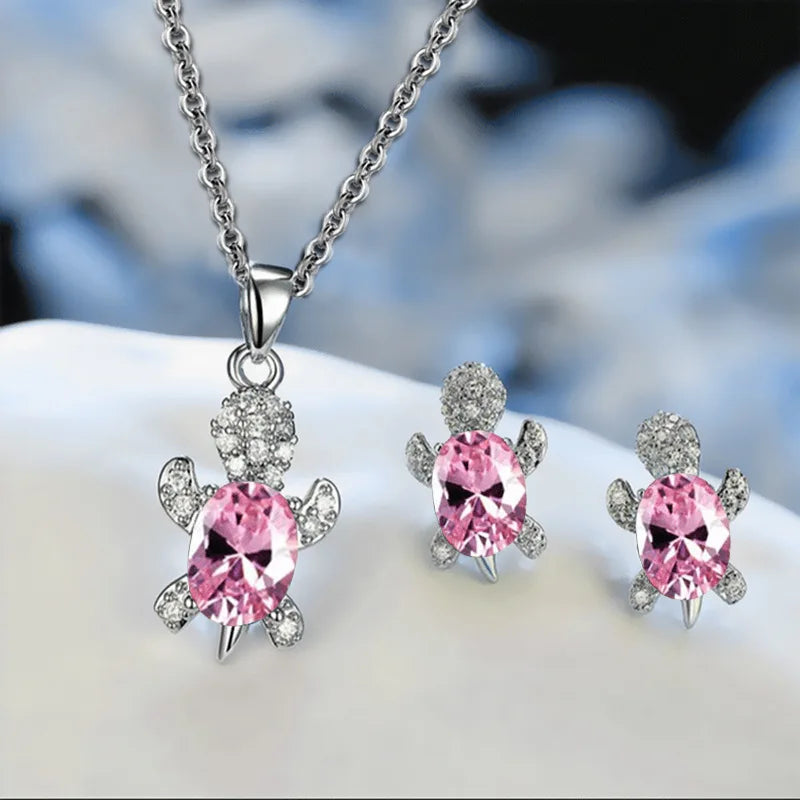 3pcs Luxury Fashion Turtle Silver Necklace Earrings Set Multi Color Glass Diamond