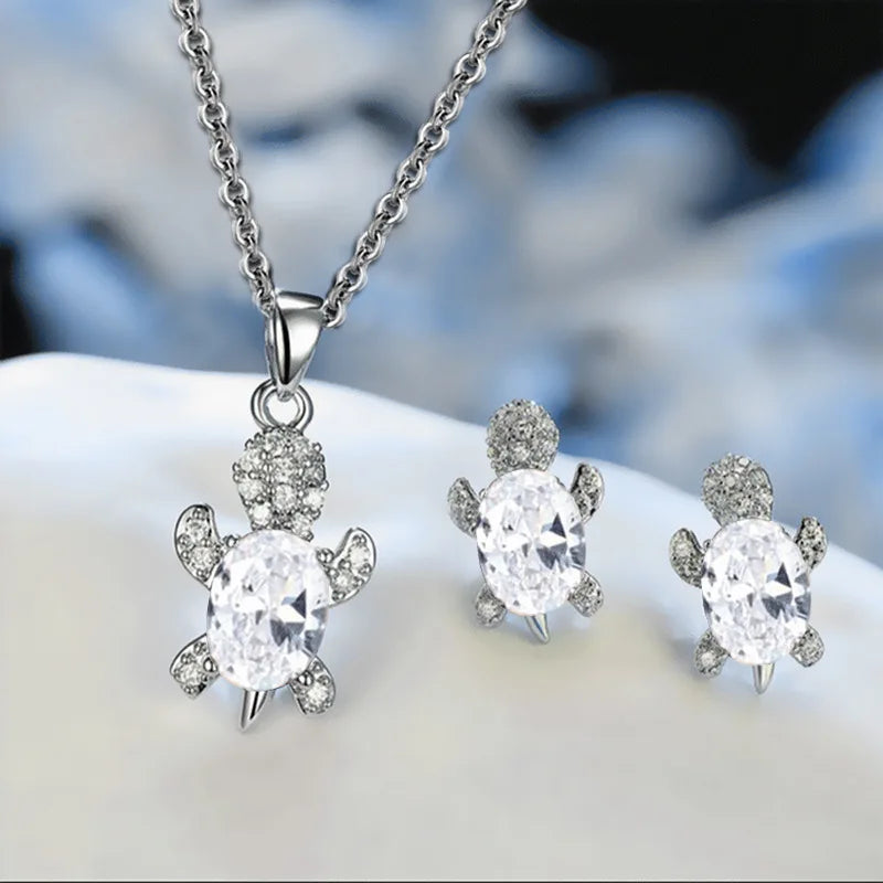 3pcs Luxury Fashion Turtle Silver Necklace Earrings Set Multi Color Glass Diamond
