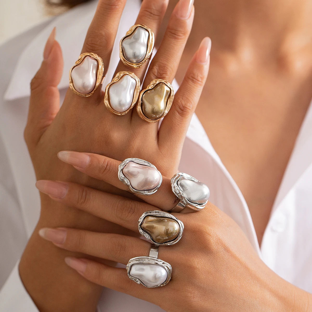 Lacteo Punk Semi Baroque Pearl Alloy Open Adjustable Rings