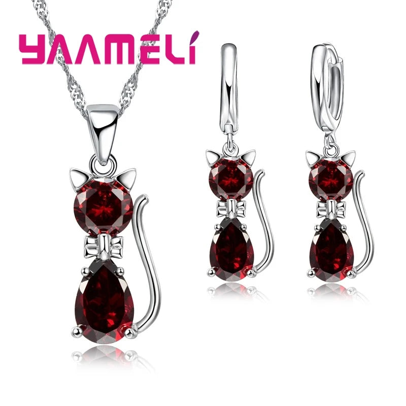 Real 925 Sterling Silver Jewelry Sets Shining Austrian Crystal Cute Cat Pendant Necklace Huggie Earring