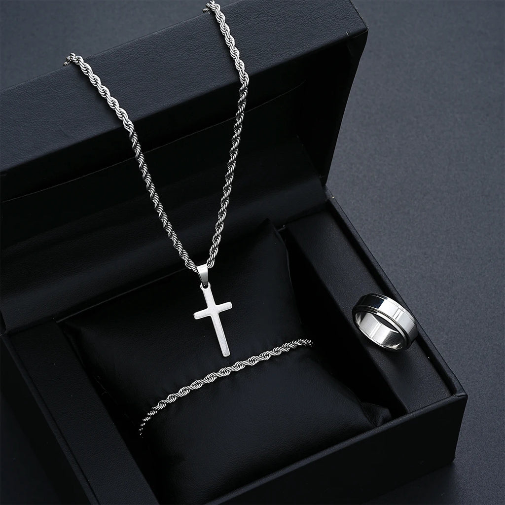 Silver Cross Pendant Twisted Rope Necklace Bracelets Ring Jewelry Set