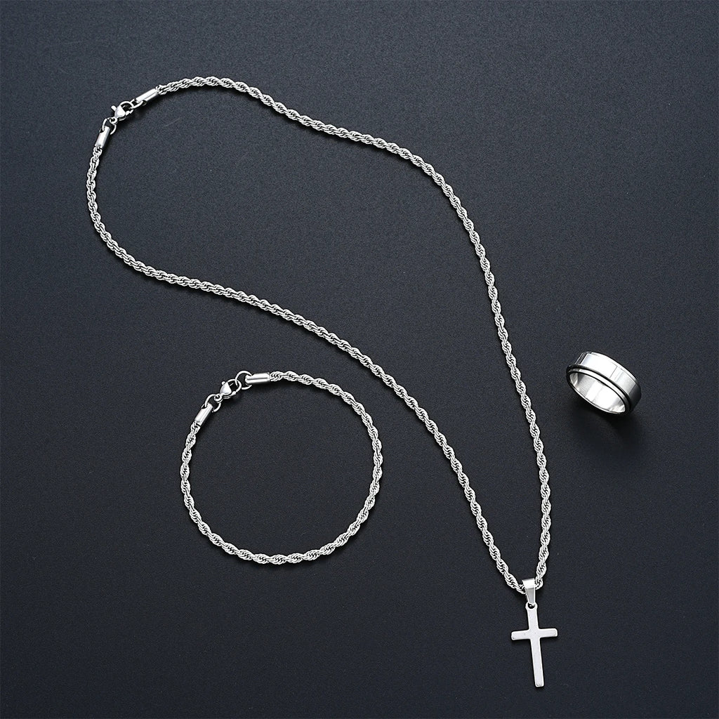 Silver Cross Pendant Twisted Rope Necklace Bracelets Ring Jewelry Set