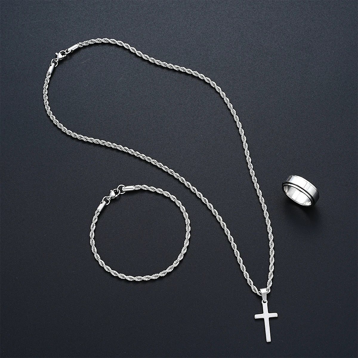Silver Cross Pendant Twisted Rope Necklace Bracelets Ring Jewelry Set