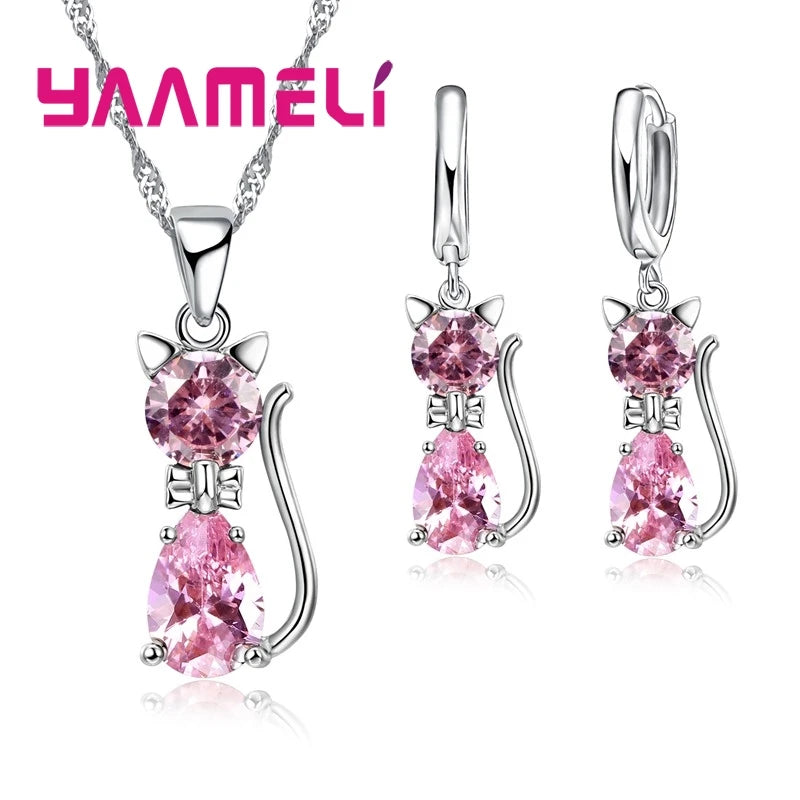 Real 925 Sterling Silver Jewelry Sets Shining Austrian Crystal Cute Cat Pendant Necklace Huggie Earring