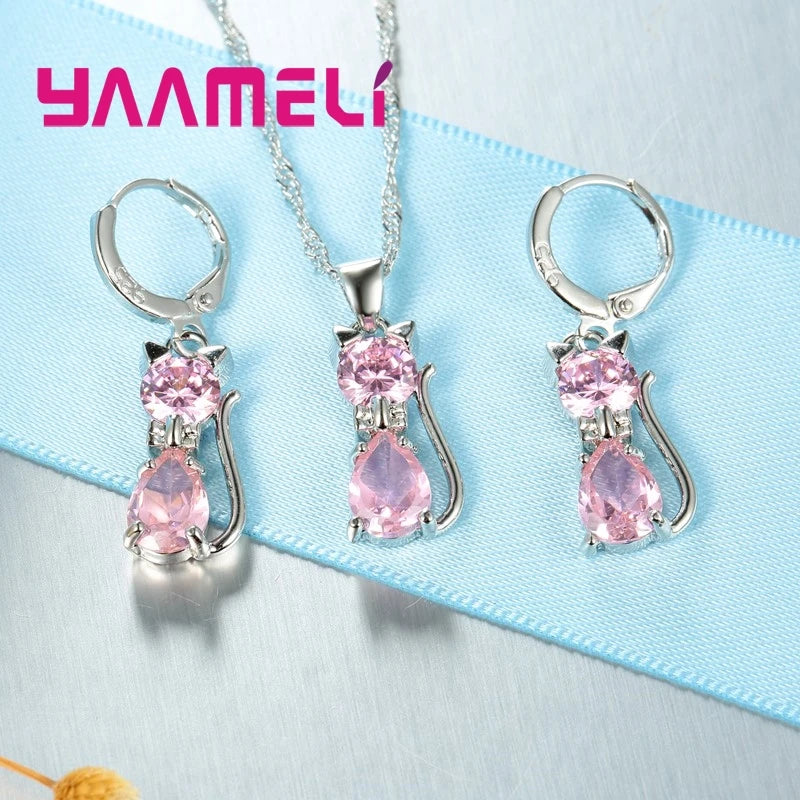 Real 925 Sterling Silver Jewelry Sets Shining Austrian Crystal Cute Cat Pendant Necklace Huggie Earring