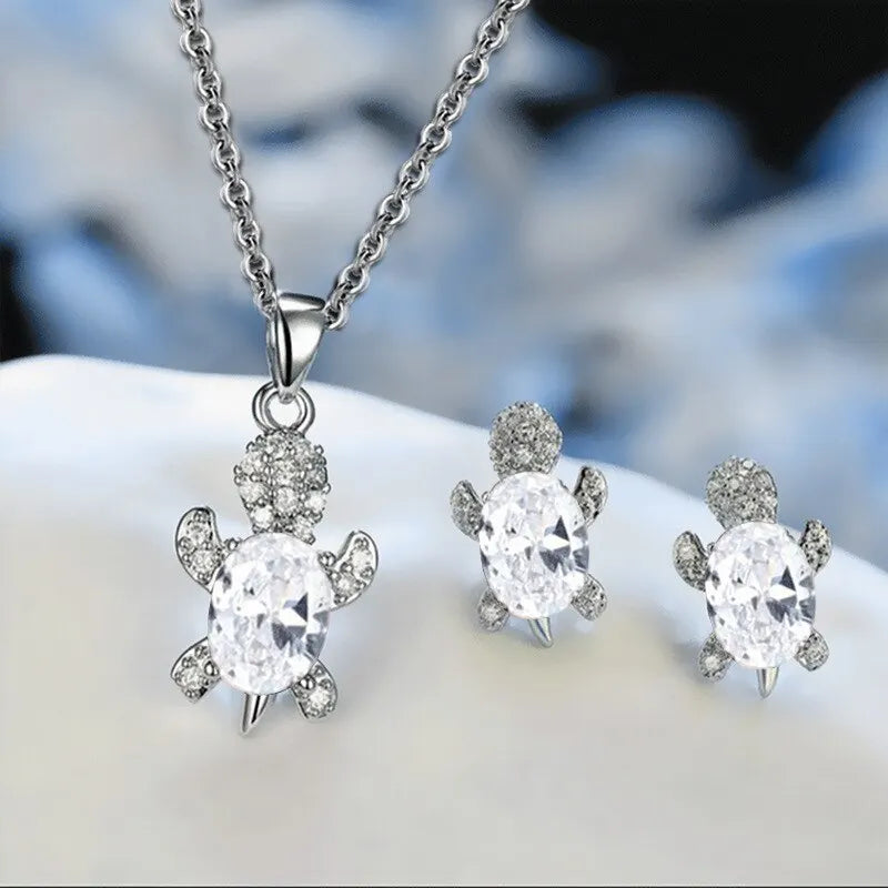 3pcs Luxury Fashion Turtle Silver Necklace Earrings Set Multi Color Glass Diamond