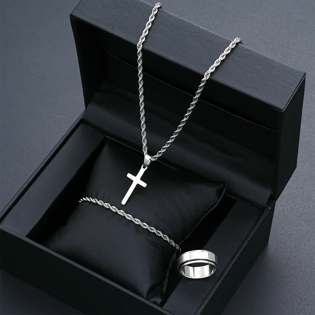 Silver Cross Pendant Twisted Rope Necklace Bracelets Ring Jewelry Set