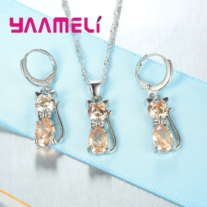 Real 925 Sterling Silver Jewelry Sets Shining Austrian Crystal Cute Cat Pendant Necklace Huggie Earring