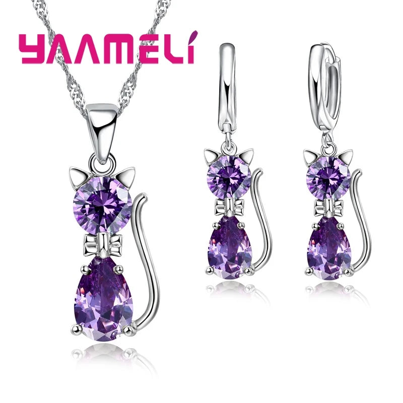 Real 925 Sterling Silver Jewelry Sets Shining Austrian Crystal Cute Cat Pendant Necklace Huggie Earring