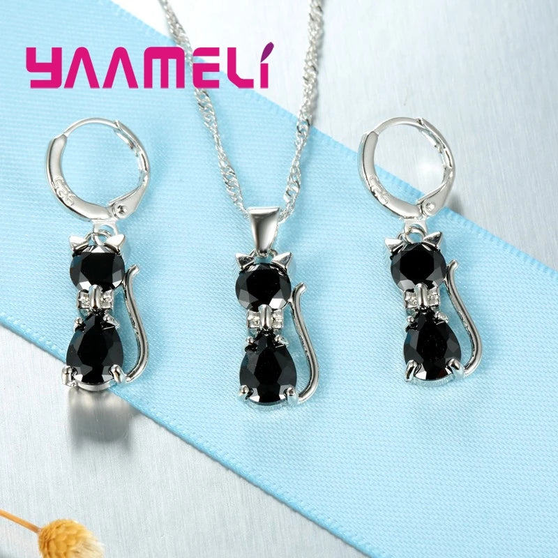 Real 925 Sterling Silver Jewelry Sets Shining Austrian Crystal Cute Cat Pendant Necklace Huggie Earring