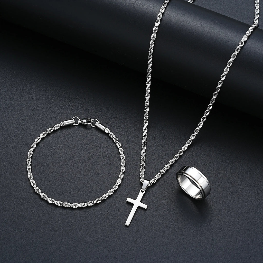 Silver Cross Pendant Twisted Rope Necklace Bracelets Ring Jewelry Set