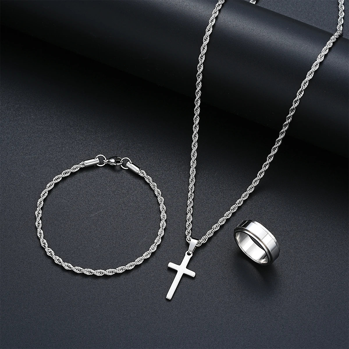 Silver Cross Pendant Twisted Rope Necklace Bracelets Ring Jewelry Set