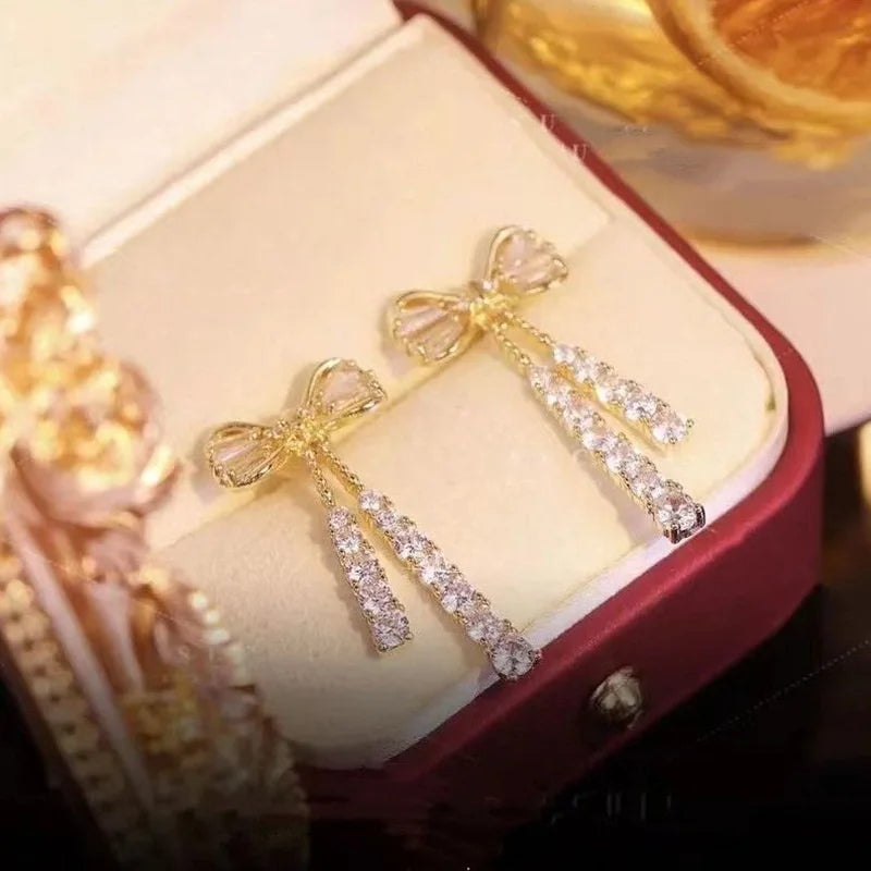 Bowknot Dangle Stud Shiny Rhinestone Earrings