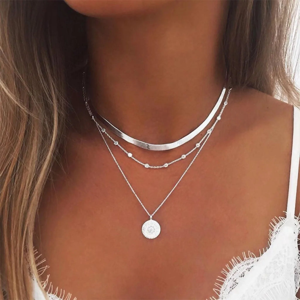 Multi-layer Chain Necklace Three-layer Snake Bone Chain with Round Bead Chain