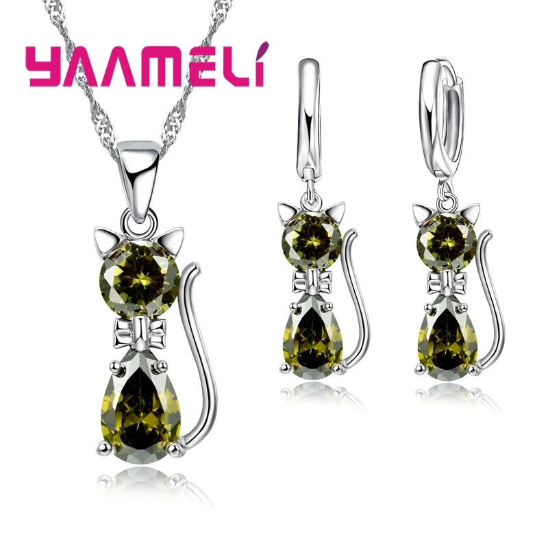 Real 925 Sterling Silver Jewelry Sets Shining Austrian Crystal Cute Cat Pendant Necklace Huggie Earring