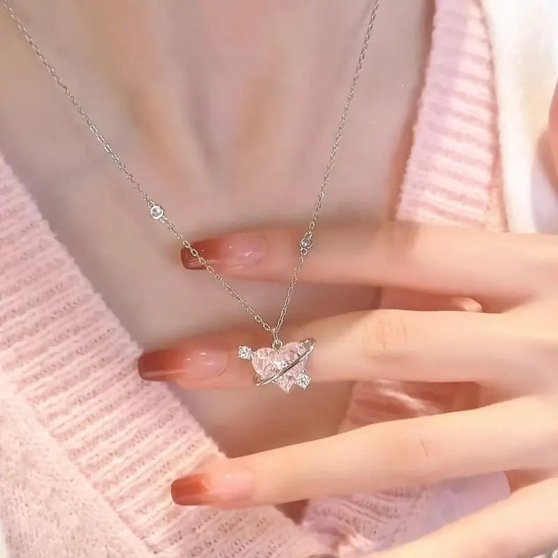New Fashion Trendy Y2k Crystal Pink Zircon Heart Pendant Necklace