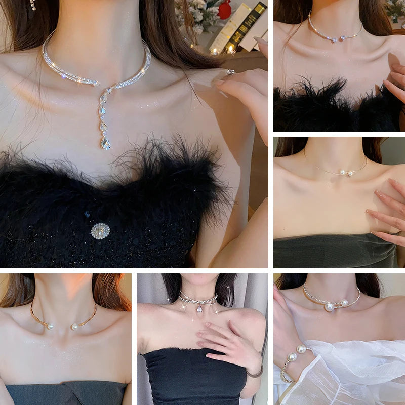 Zircon Double Layered Water Drop Heart Silver Pearl Cross Wave Open Collarbone Fine Pendant Necklaces    2 Exquisite Designs