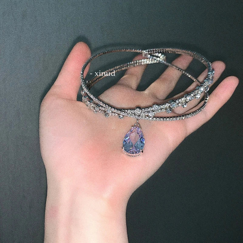 Zircon Double Layered Water Drop Heart Silver Pearl Cross Wave Open Collarbone Fine Pendant Necklaces    2 Exquisite Designs