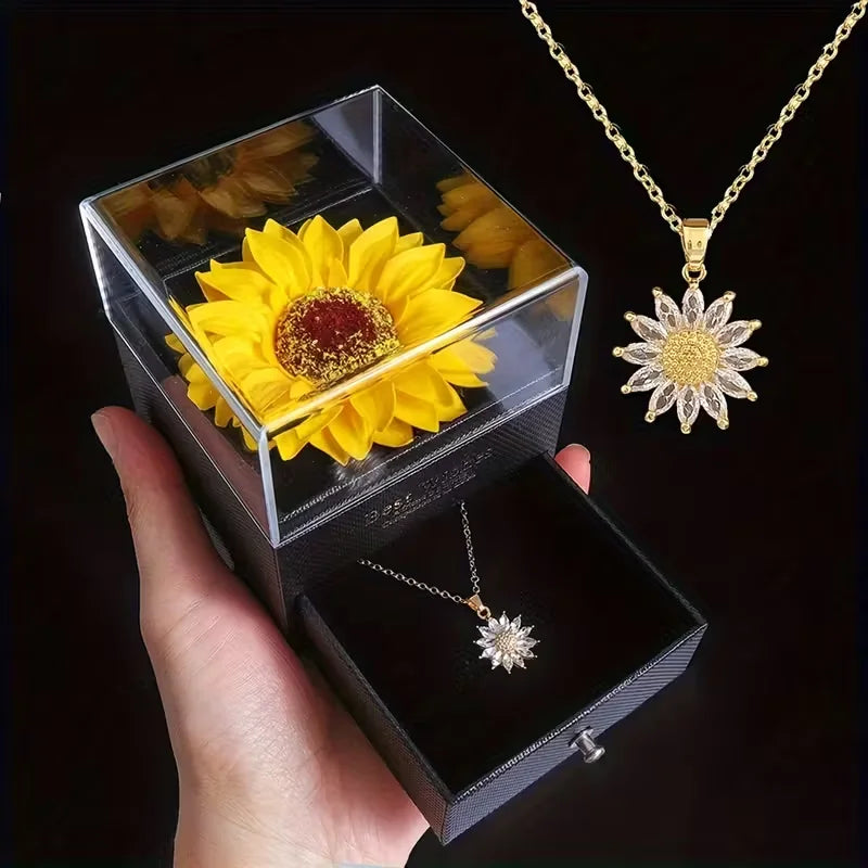 Dainty Necklace Zircon Daisy Sunflower Pendant Necklace with Sunflower Gift Box