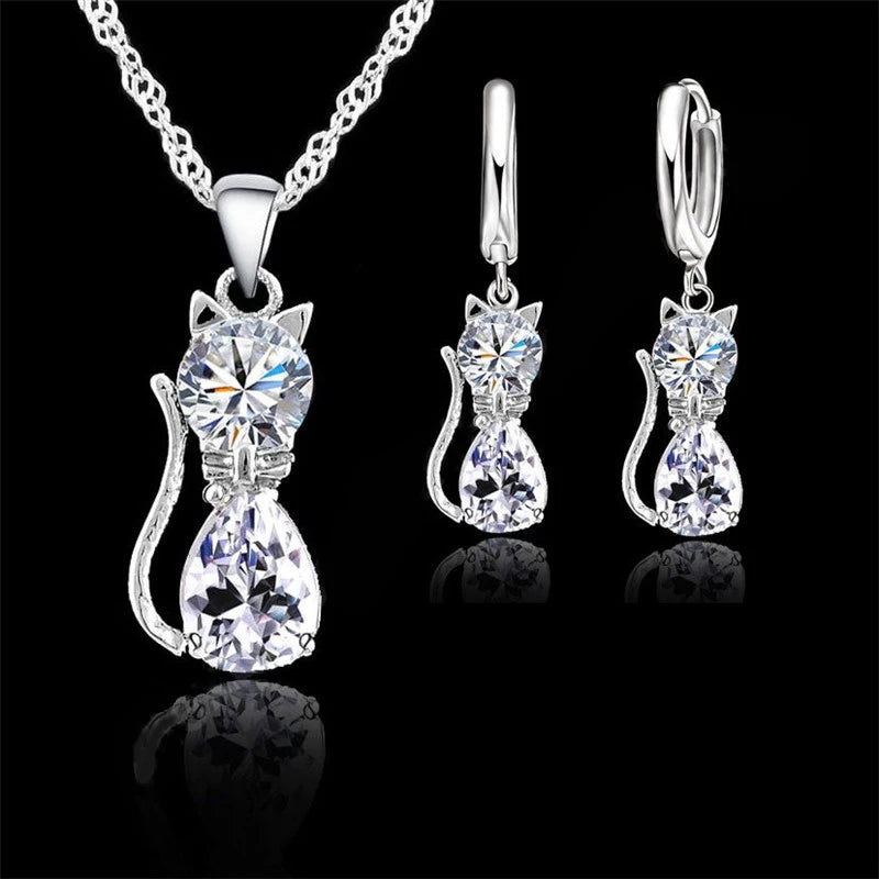 Real 925 Sterling Silver Jewelry Sets Shining Austrian Crystal Cute Cat Pendant Necklace Huggie Earring