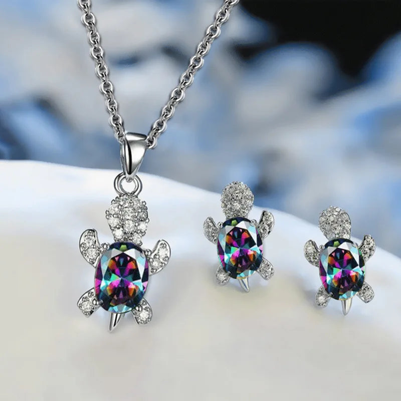 3pcs Luxury Fashion Turtle Silver Necklace Earrings Set Multi Color Glass Diamond