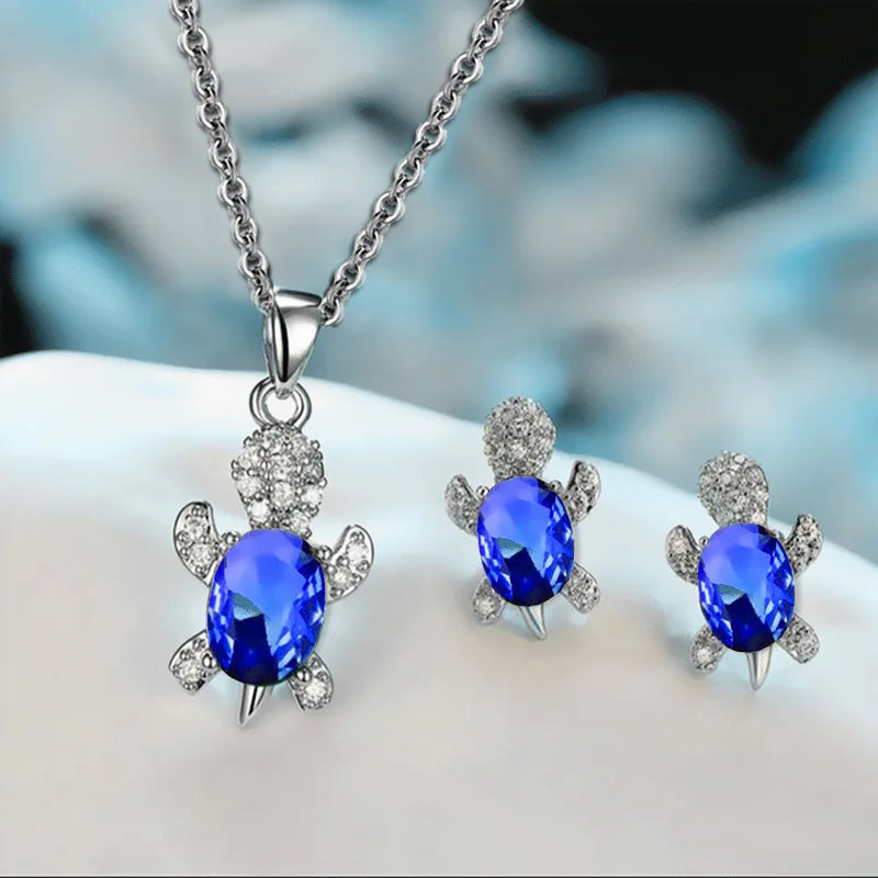 3pcs Luxury Fashion Turtle Silver Necklace Earrings Set Multi Color Glass Diamond