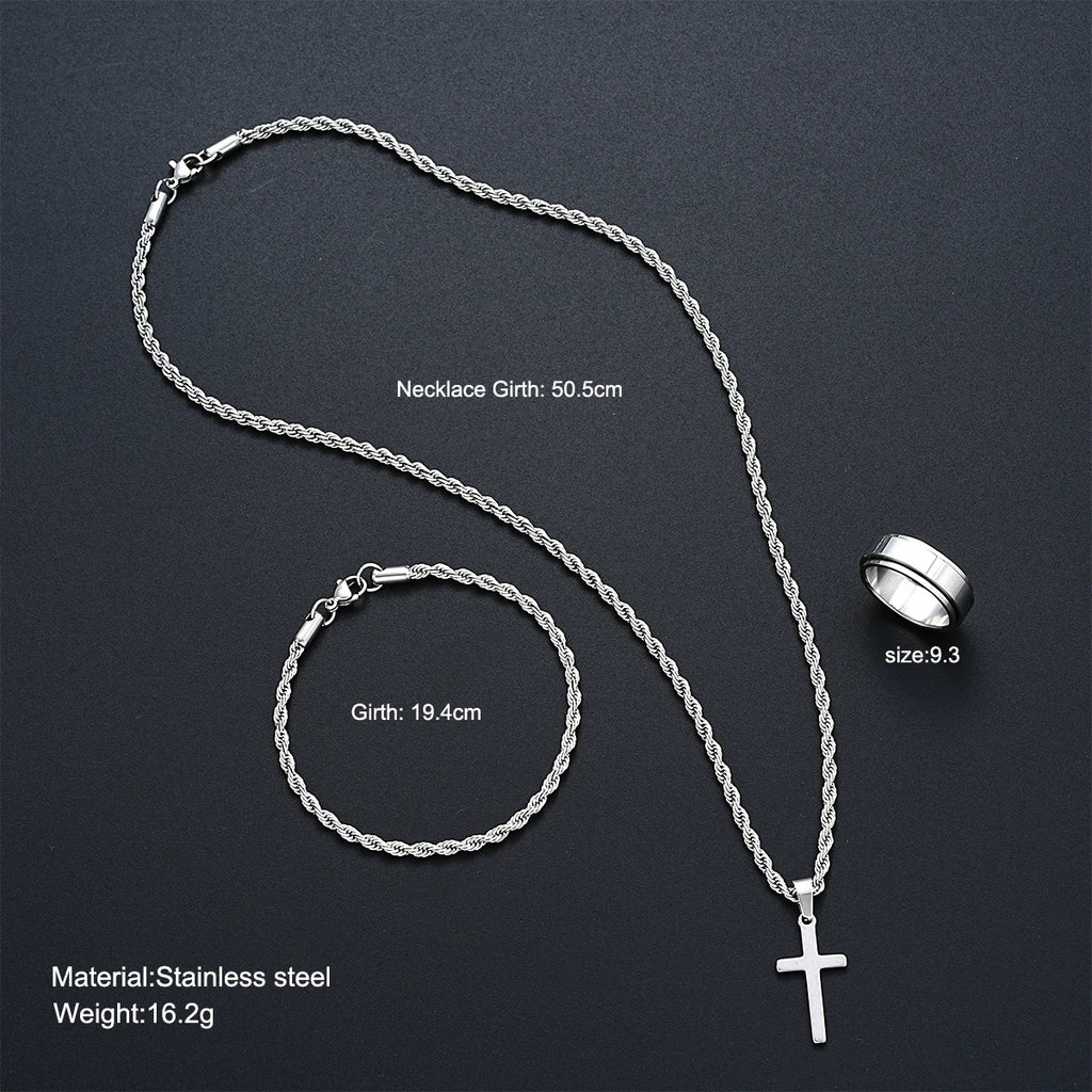 Silver Cross Pendant Twisted Rope Necklace Bracelets Ring Jewelry Set