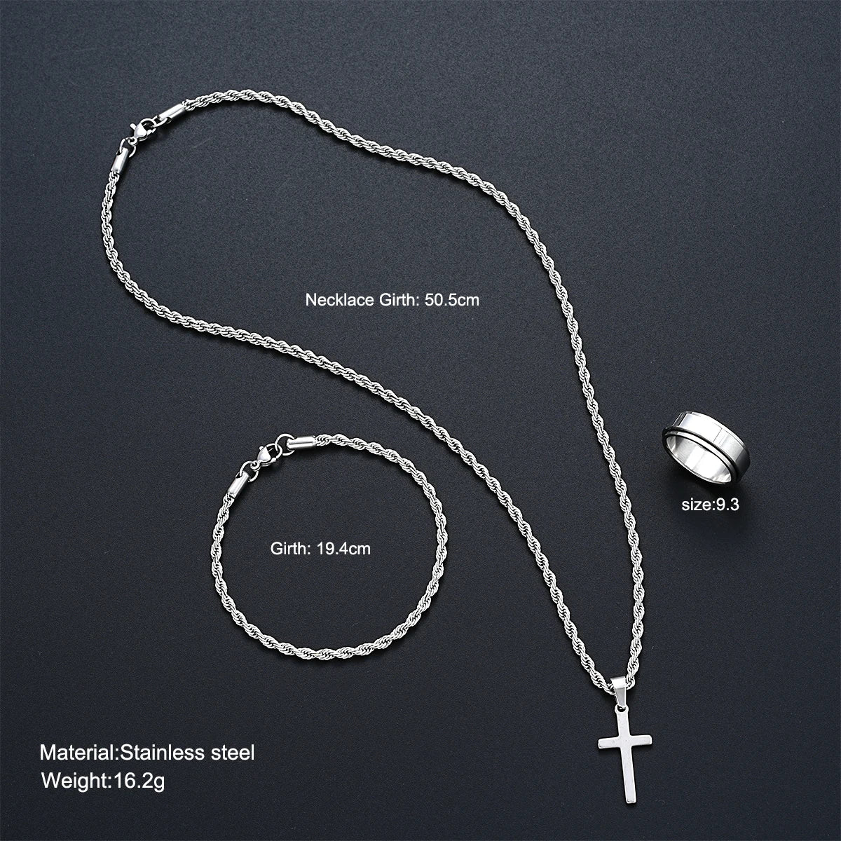Silver Cross Pendant Twisted Rope Necklace Bracelets Ring Jewelry Set
