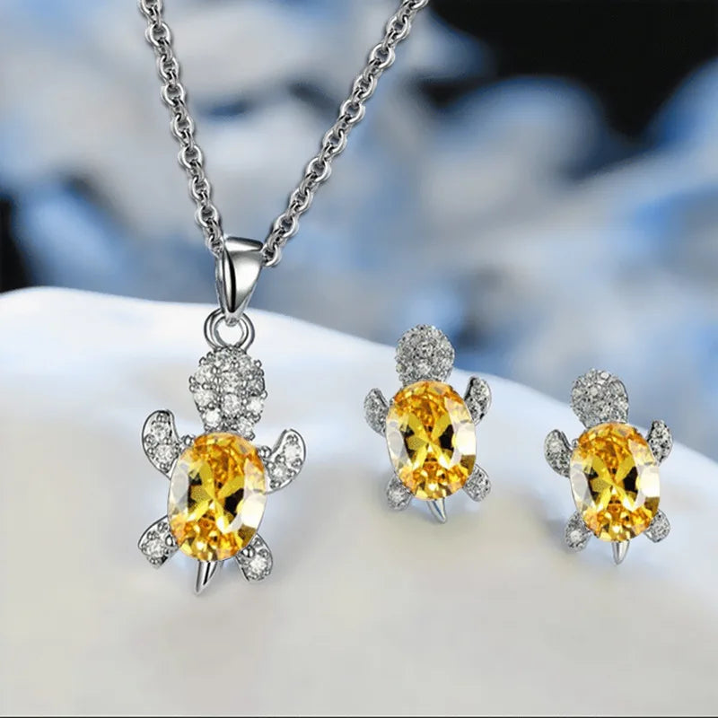 3pcs Luxury Fashion Turtle Silver Necklace Earrings Set Multi Color Glass Diamond