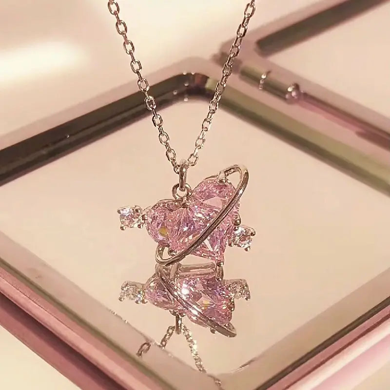 New Fashion Trendy Y2k Crystal Pink Zircon Heart Pendant Necklace